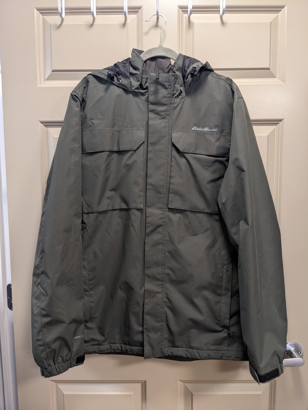 Eddie Bauer WeatherEdge Olive Green Hooded Rain Jacket Size Tall Large